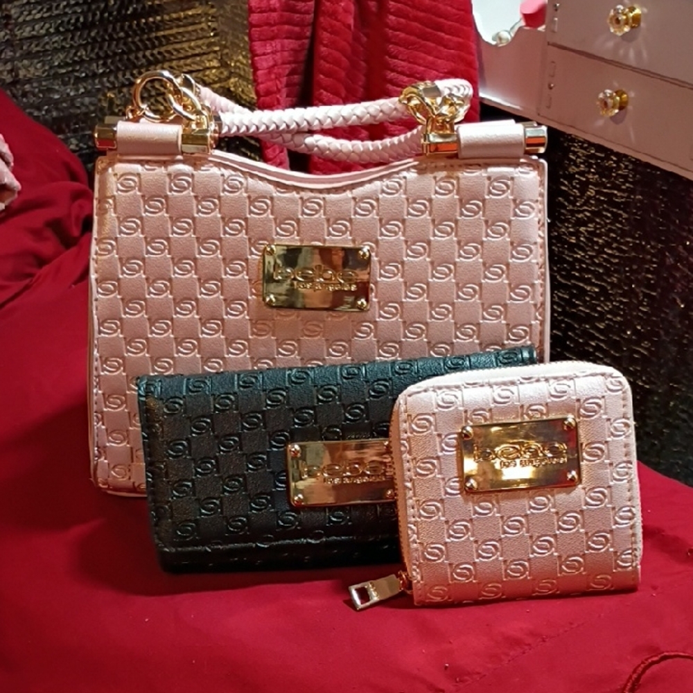 bebe Pink and Black Shoulder Bag Set with Gold Accents